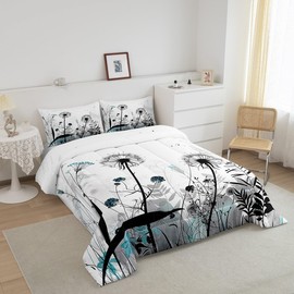 Castle Fairy Dandelion 3 Pcs Queen Size Comforter Set,Dragonfly Flowers Down Alternative Adults Bedroom Decor,Rustic Farm Plants Ultra Soft Microfiber Inner Fill 3Pcs Bedding