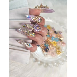 ❣️ Yellow flower, purple flower, high quality handmade nail tip ✨ - Long Almond / ❣️ 노랑꽃 보라꽃 고퀄리티 수제네일팁 ✨ - 롱아몬드