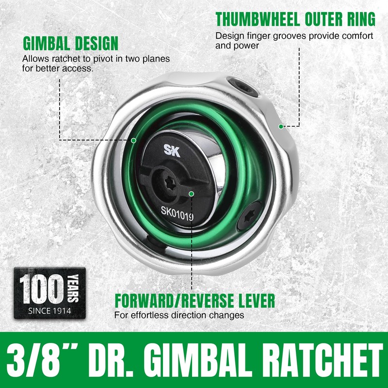 SK 3/8" Drive Gimbal Ratchet, 72 Tooth Gimbal Palm Ratchet,
