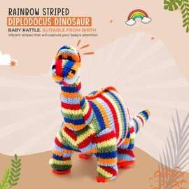 Best Years | Small Knitted Multi Striped Diplodocus Dinosaur Baby Rattle | Newborn & Baby Gift | Soft & Safe | Machine Washable | 15cm x 20cm | Suitable from Birth | Ethically Sourced