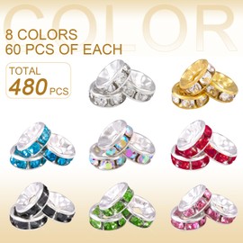 TINKRSTUFF 480 pcs 8mm Spacer Beads for Crafting, 8 Colors Rondelle Spacer Beads Box, Fancy Sparkle Crystal Rhinestone Spacer Loose Beads for Necklace Bracelet Earring Jewelry Making and Pens DIY Dec