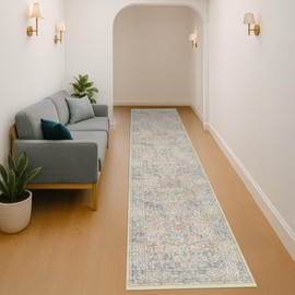 Hazo Haus Washable Beige Blue 2x10 Runner Rug for Hallway Kitchen Mudroom, Non-Slip Stain Resistant Extra Long Floor Mat 10 ft - Vintage Floral Aethestic Decor