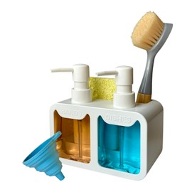Esby Soap Dispenser Set, 4-in-1 Dish Soap Dispenser for Kitchen Sink, Space Saving Hand Soap Dispenser, Built-in Sponge and Brush Holder, Kitchen Organizer, Collapsible Funnel for Easy Refill (White)