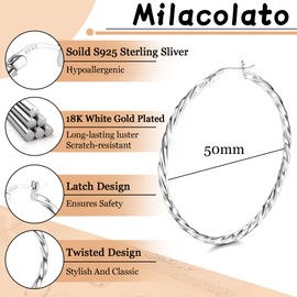 Milacolato 925 Sterling Silver Hoop Earrings for Women 18K White Gold Plated Twisted Hoop Earrings Hypoallergenic Lightweight Click-Top Big Hoop Earrings 50mm