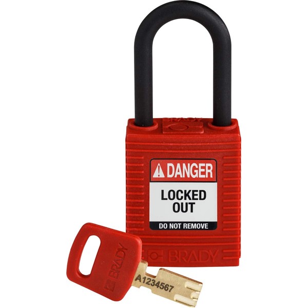 Brady SafeKey Lockout Padlock - Nylon - Red - 1.5" Plastic Shackle Vertical Clearance - Keyed Different