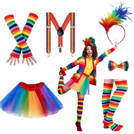 6 Stück Kostüm Damen Regenbogen - Regenbogen Tüllrock mit Feder Haarreif Stirnband Riemen Kniestrümpfe Beinwärmern Handschuhen - Kostüm Bunt Damen Karneval - Tüllrock Damen Regenbogen Lustig