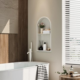 Qeke Stainless Steel Shower Niche 12" X 24", No Tile Needed Arched Niche Double Shelves, Recessed Shower Shelf Arched for Shower Wall, Matte White