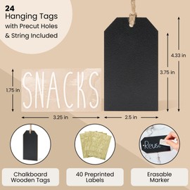 Talented Kitchen 24 Pack Wooden Hanging Tags, Black Chalkboard 4.33x2.5 Inches, Includes String, Hanging Labels for Kitchen & Pantry Organization
