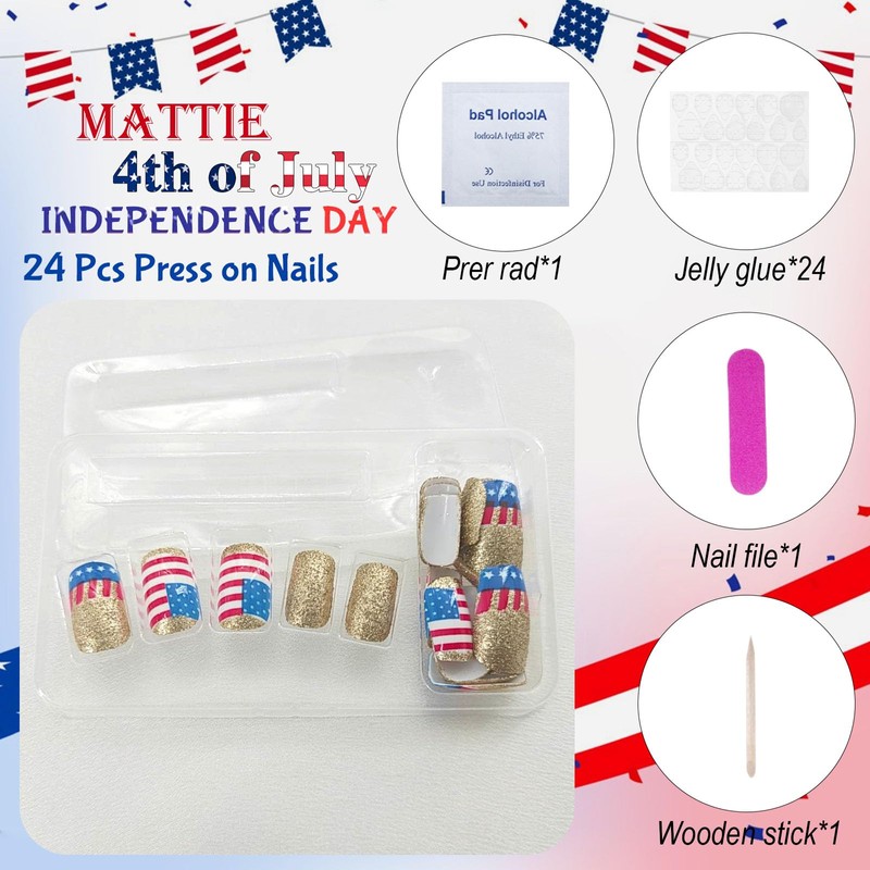 Independence Day Press on Nails Medium Square Fake Nails Blue