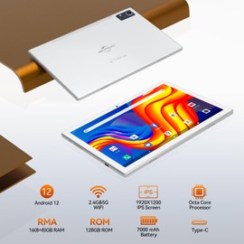 Tablet 10 inch Android 12 Tablets with Keyboard, 128GB ROM 16(8+8)GB RAM 1TB Expand, 2.4G/5G WiFi Tablet, Octa-Core 1920 * 1200 IPS Display 13MP Camera 7000mAh, GPS ZONKO Tablet with Case Mouse Silver