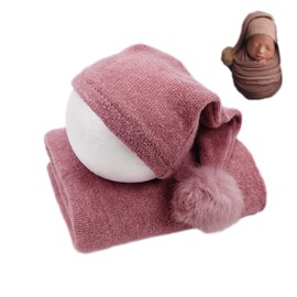 Zeroest Newborn Photo Props Blanket Set Photography for Babies Stretch Wrap Baby Boy Girl Photo Shoot Cloth Hat Outfits (Dusty Pink)