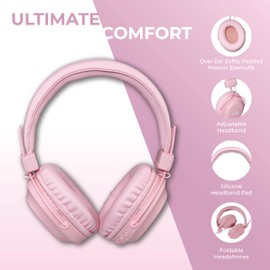 Louise & Mann 5 Bluetooth Headphones Over Ear, Wireless Headphones with Hi-Fi Stereo Deep Bass, Foldable, Soft Earmuffs, Built-in Mic and Wired mode for Phone/PC/TV (Pink)