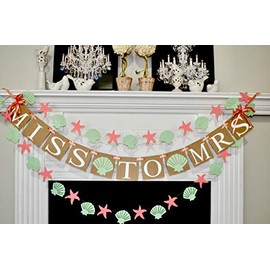 Miss To Mrs banner, Bridal shower decorations, coral and mint seashell and starfish