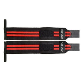 Muñequeras elásticas – Par de 45.72 cm para fitness, levantamiento de pesas, entrenamiento cruzado – con gancho y agarre de bucle, negro - raya roja
