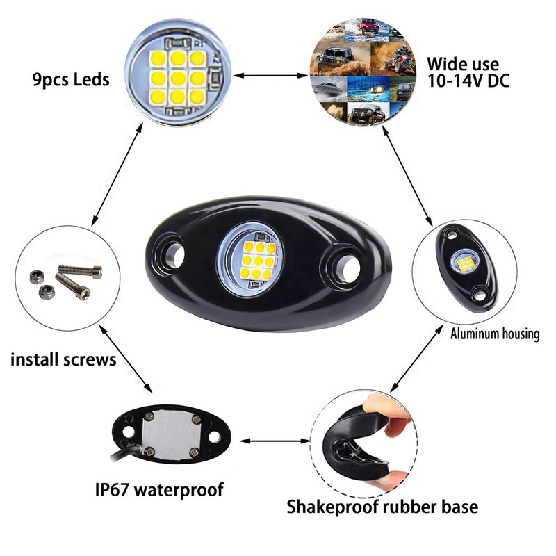 Red LED Rock Lights, 4 Pods Neon 12V Waterproof Underglow