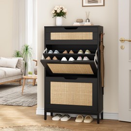 Jocoevol Rattan Shoe Cabinet Storage for Entryway with 2 Flip Drawers, Narrow Slim Boho Shoe Rack Cabinet for Hallway Foyer (Black)