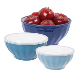 Oggi Set of 3 Ribbed Mixing Bowls with Lids - Nested Plastic Bowls for Kitchen, Durable Mixing Bowls Set, BPA-Free Plastic Bowls with Lids - 1.6, 2.6, 3.7 Qt