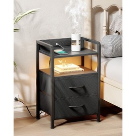 Lazzanto Night Stand Bedside Charger Bedroom - Nightstand with Charging Station & LED Light Strip, Night Stand with Storage Shelf & 2 Fabric Drawers, Morden End Table with U-S-B Ports & AC Outlets