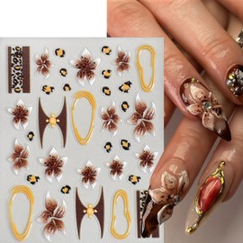 6 Pcs Fall Winter Flower Nail Art Stickers Decals Leopard Print French Flowers Nail Decals 5D Embossed Golden Circle Hibiscus Nails Designs Vacation Fall Brown Leopard Flower Nail Supplies for Women