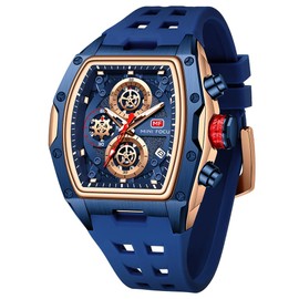 MF MINI FOCUS Men Watch Unique Tonneau Casual Wrist Watches (Chronograph/Waterproof/Luminous/Calendar/24 Hours) Silicon Band Fashion Watch for Men (Blue & Golden), (MF0473G.02)
