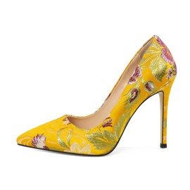 Eldof Women's High Heels Pointed Toe Stiletto Heel Flower Embroidered Pumps Slip On High Heel Pumps Shoes Women for Wedding Party Office Satin Yellow Heels 4 Inches US Size 7