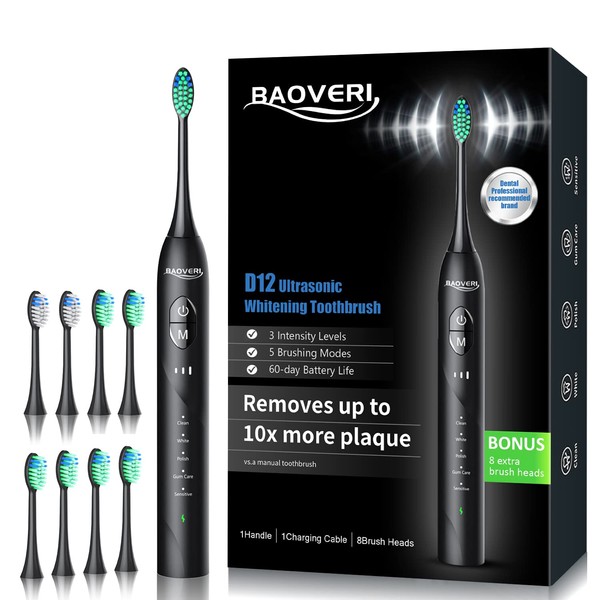 BAOVERI Electric Toothbrush with 8 Brush Heads for Adults&Kids, Ultrasonic Electric Toothbrushes, 5 Modes & 3 Intensity Levels, 2 Minutes Smart Timer, 4 Hours Fast Charge for 60 Days (Black)