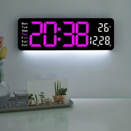 Gevvnss 13 Large Digital Wall Alarm Clock with Remote Control,LED Display Wall Clock Adjustable Brightness with Date and Day/Temperature for Home Gym Office and Classroom,Black+Pink