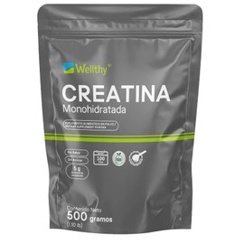 Wellthy Creatina Monohidrata 500g. 100% Pura, Sin Sabor, Sin Azúcar, 5g de Creatina por porción, 100 días de Consumo, Scoop Incluído, Bottle Free.