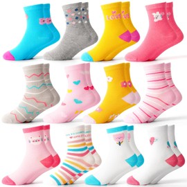 LAETBBE Girls' Socks Children's Socks School Child Socks Girls Trainer Socks Cotton 12 Pairs 1-7 Years, #2 Love+Stripes, 27 - 30