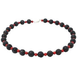Lava & Coral Necklace Black / Red 925 Silver 51 cm, Sterling Silver