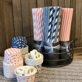 Outside the Box Papers Pink and Navy Blue Chevron and Stripe Paper Straws 7.75 Inches 100 Pack Pink, Navy Blue, White