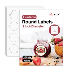 A-SUB 2" Round Label Stickers for Inkjet or Laser Printer, Glossy White, 360 Printable Circle Stickers for Custom Logo, Thank You Labels