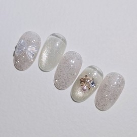 Milky Gold Handmade Nail Tip Magnetic Glitter Parts Nail - Coffin Midi / 밀키골드 수제네일팁 자석 글리터 파츠네일 - 코핀미디