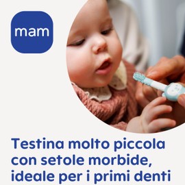 MAM Massaging Brush, Spazzolino denti bambini 3+ mesi con setole morbide, Neonato accessori utili con anello di sicurezza per la gola, Massaggia gengive neonati antiscivolo ed ergonomico, Azzurro