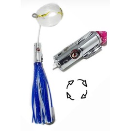 Jet Head Spinner Brass Head Hybrid Trolling Lure with 12 ft of Leader Line. Pelagic Trolling Lure for Dorado, Tuna and Marlin. (Moon Baby (White, Silver and Blue))