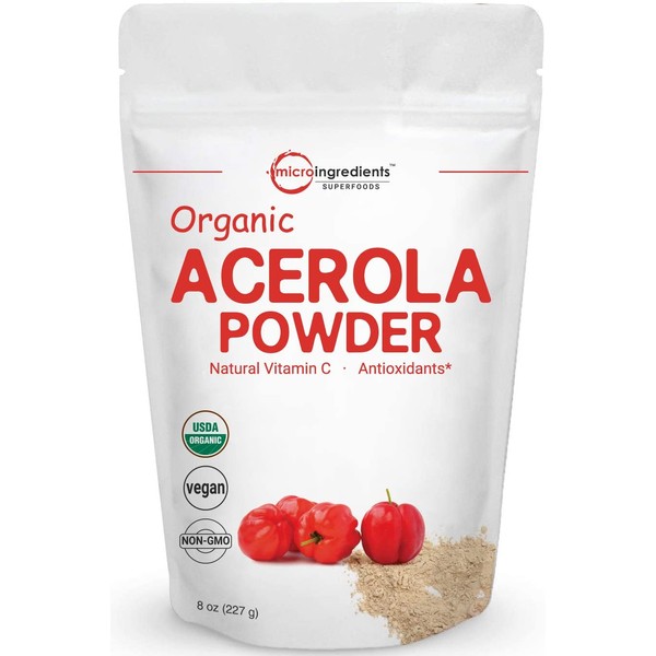 Pure Acerola Cherry Powder Organic, Natural and Organic Vitamin C Powder (Immune Vitamin) for Immune System Booster, 8 Ounce, Best Superfoods for Beverage, Smoothie and Drinks, Vegan Friendly