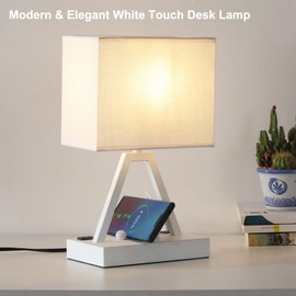 Briever USB C Touch Control Table Lamp, 3-Way Dimmable Desk Lamp with USB C & USB A and AC Outlet, Bedside Lamp with Phone Stands for Bedroom, Living Room, Office, LED Bulb Included, White