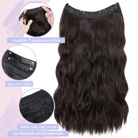 S-noilite Invisible Wire Hair Extensions 24 Inch Black Long Wavy Synthetic String Wire Secret Hairpiece with Transparent Curly Wavy Wire Clips in Hair Extensions for Women Adjustable Size,#04