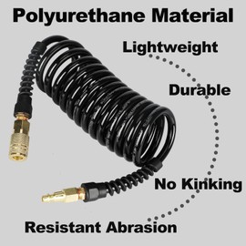 Keepro Polyurethane Recoil Air Hose, 1/4 Inch ID By 50 Feet Long Air Compressor Hose with Repairable Solid Brass 1/4" Industrial Quick Coupler and Plug, 145 PSI Maximum Pressure, Black