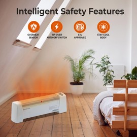 Comfort Zone CZ600 750/1,500-Watt Electric Baseboard Space Heater with Adjustable Thermostat, Dent-Proof End Panels, Overheat Protection System, Safety Tip-Over Switch, & Stay-Cool Body, White