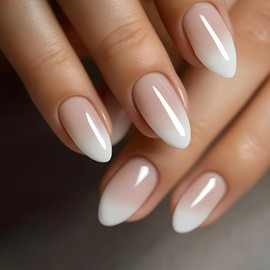 Nude Press on Nails Short Almond Fake Nails White Gradient Design French False Nails Glossy Stick on Nail Full Cover Reusable Glue on Nail Art for Women Decoration Manicure Supplies 24Pcs