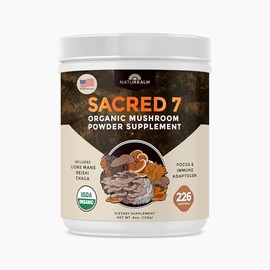 SACRED 7 polvo de extracto de hongos – USDA Organic – Maní de león, Reishi, Cordyceps, Maitake, Shiitake, Cola de Turquía, Chaga – 226 g – Suplemento – Añadir a café/té/batidos – Champiñones enteros – Sin rellenos, 236.59ml (8oz)