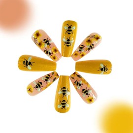 Yellow Press on Nails Coffin Fake Nails with Bees Designs Medium Acrylic Nails Flowers & Cute Glue on Nails Full Cover Nails Press on Nails for Women 24 Pcs
