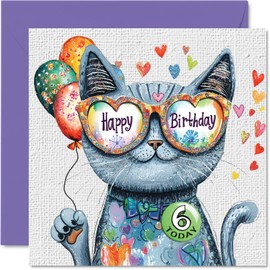Stuff4 6th Birthday Card Girl - Purrfect Cat Balloons - Cat Birthday Card for 6 Year Old Girl, Age 6 Girls Birthday Cards Sixth Birthday Card, 5.7 x 5.7 Inch Cats Greeting Card