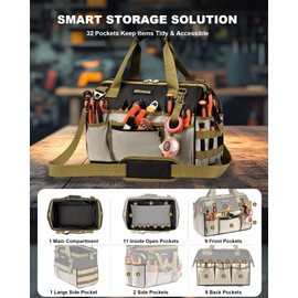 16.5-Inch Heavy Duty Tool Bags for Men, 32-Pocket Large Tool Organizer Storage, 1680D Oxford Tool Bag with Adjustable Shoulder Straps, Tool Storage Bag for HVAC, Electrician, Carpenter, Mechanic