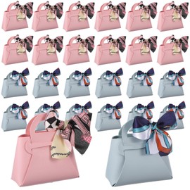 AojSup 24 Pcs PU Leather Purse Gift Bags with Handles Ribbon Purse Party Favor Bags for Baby Showers Birthday Wedding Candy, Pink