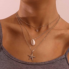Inateannal Boho Starfish Shell Pendant Necklace Gold Layered Chain Necklace Starfish Choker Necklace Cz Crystal Necklace Choker Multilayered Cowrie Seashell Necklaces