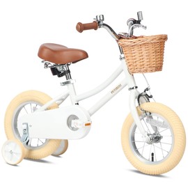 Petimini 12 Inch Kids Bike for Age 2 3 4 Years Old Little Girls Toddlers Retro Vintage Style Bicycles with Basket Training Wheels and Bell, White
