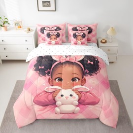 Feelyou African American Black Girl Queen Comforter Set with Sheets Kids Black Girls Magic Bed in a Bag Black Princess 7 Pieces Bedding Set Pink Bed Set