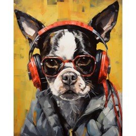 Graffiti Dog with Headphones Paint by Numbers Kits 16x20 inch Canvas DIY Oil Painting for Kids, Students, Adults Beginner with Brushes and Acrylic Pigment Rocker Funny Boston(without Frame)